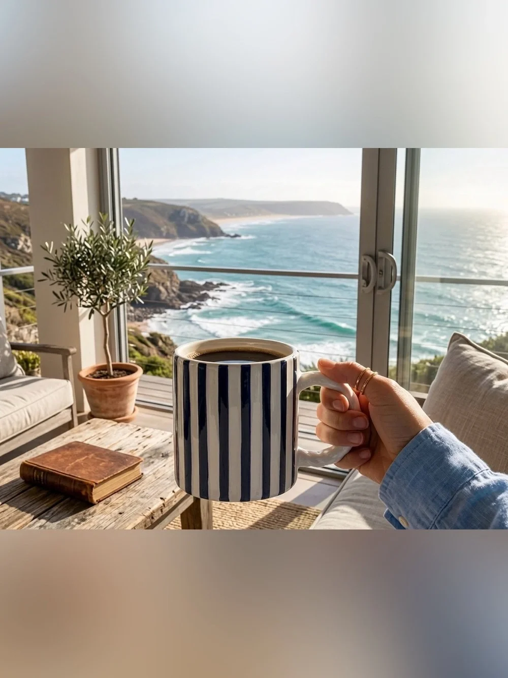 Sunday Morning Ceramics Striped Ceramic Mug | Large 20 oz Navy Blue & White